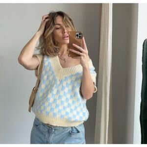 English Factory L Blue Checkered Knit Sweater Vest